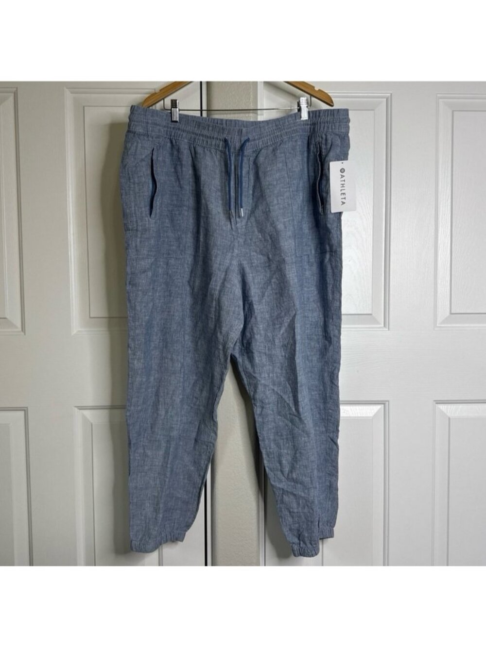 NEW Athleta Retreat Linen Pants denim blue color linen joggers 22 size